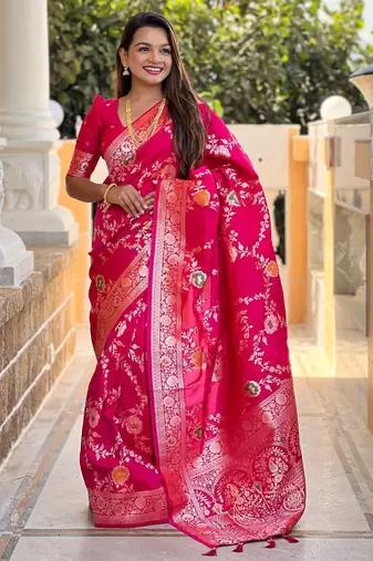 pink woven design zari silk blend banarasi saree