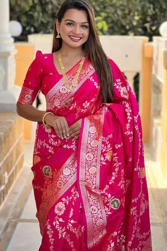 pink woven design zari silk blend banarasi saree