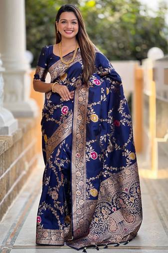 navy_blue woven design zari banarasi saree with matching blouse piece