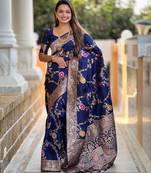 navy_blue woven design zari banarasi saree with matching blouse piece