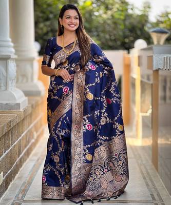 navy_blue woven design zari banarasi saree with matching blouse piece 2