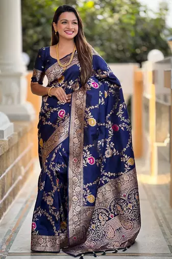 navy_blue woven design zari banarasi saree with matching blouse piece