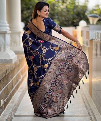 navy_blue woven design zari banarasi saree with matching blouse piece 3