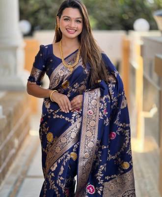 navy_blue woven design zari banarasi saree with matching blouse piece 4
