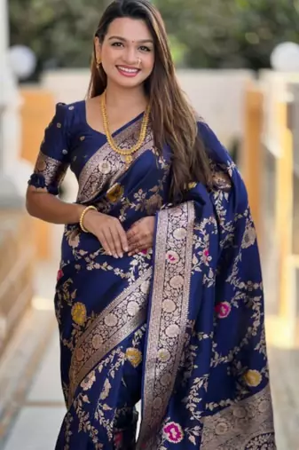 navy_blue woven design zari banarasi saree with matching blouse piece