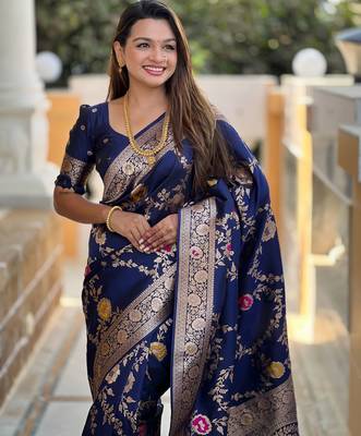 navy_blue woven design zari banarasi saree with matching blouse piece 5