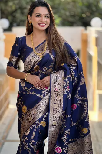 navy_blue woven design zari banarasi saree with matching blouse piece