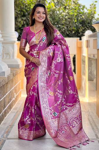 magenta woven design zari silk blend banarasi saree