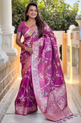 magenta woven design zari silk blend banarasi saree