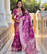 magenta woven design zari silk blend banarasi saree