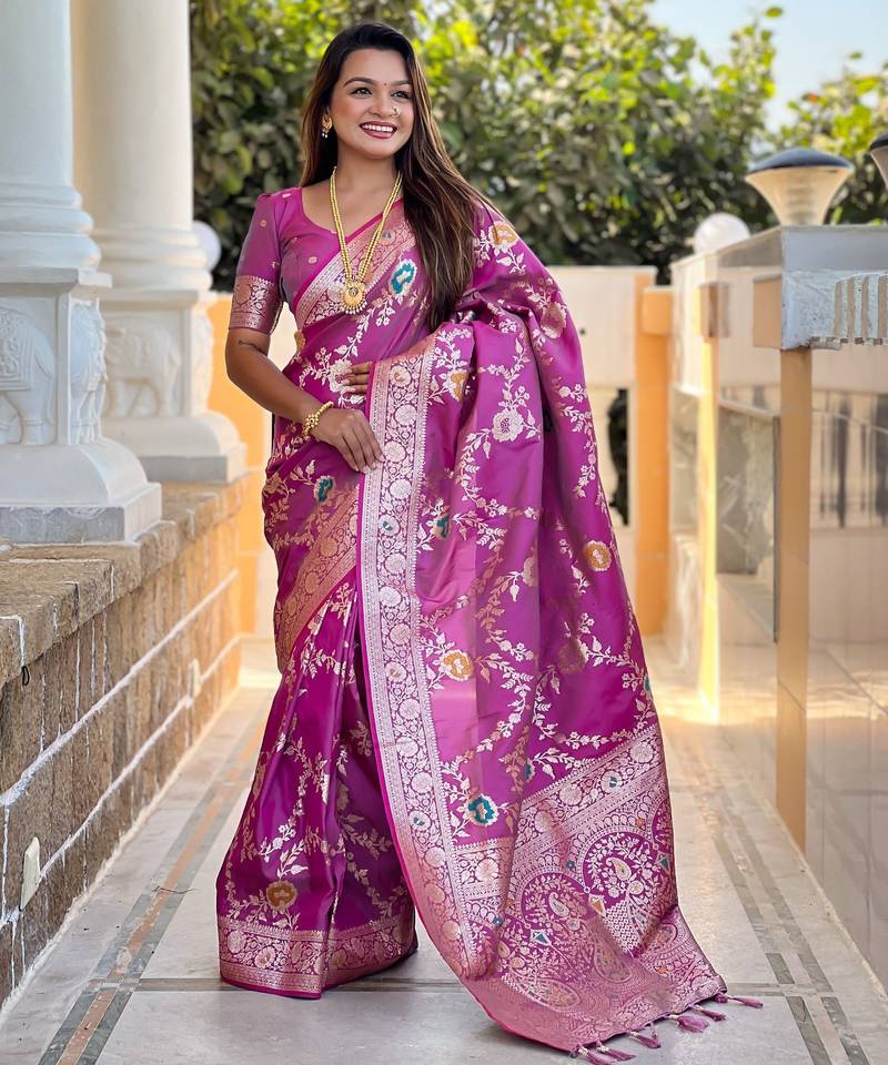magenta woven design zari silk blend banarasi saree