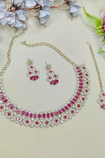 Pink color yellow gold plating festive wear designer necklace set