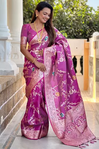 magenta woven design zari silk blend banarasi saree