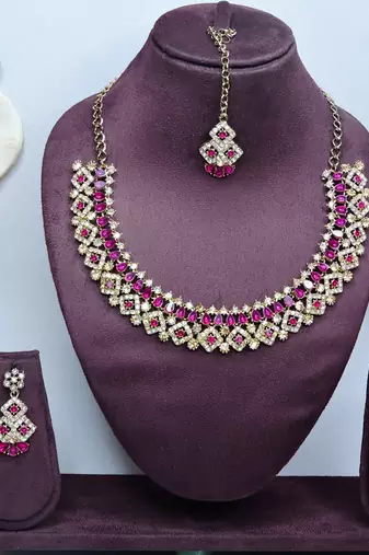 Pink color yellow gold plating festive wear designer necklace set