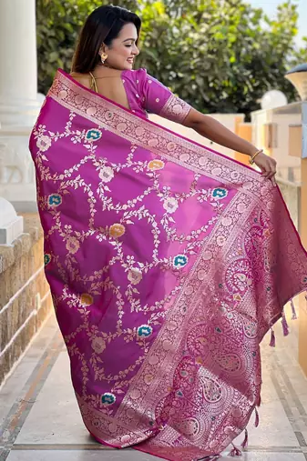 magenta woven design zari silk blend banarasi saree