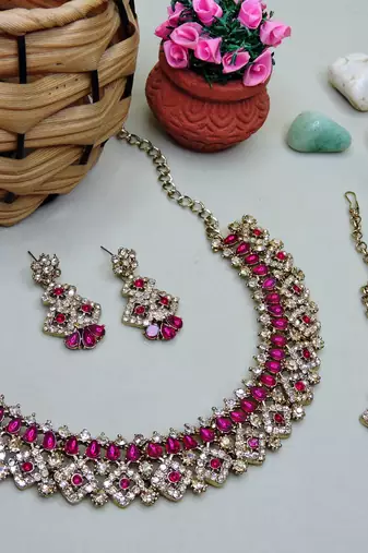 Pink color yellow gold plating festive wear designer necklace set