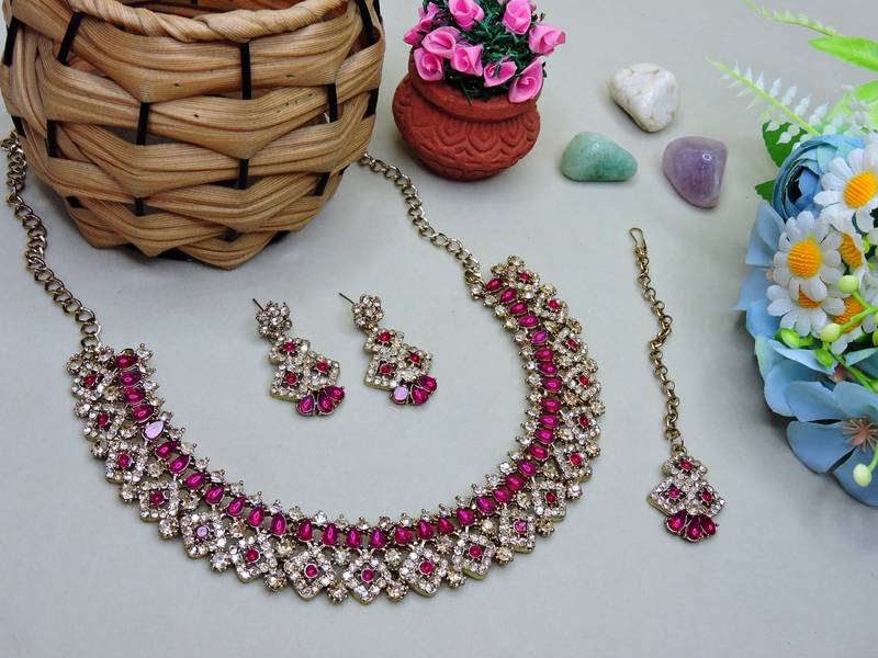 Pink color yellow gold plating festive wear designer necklace set