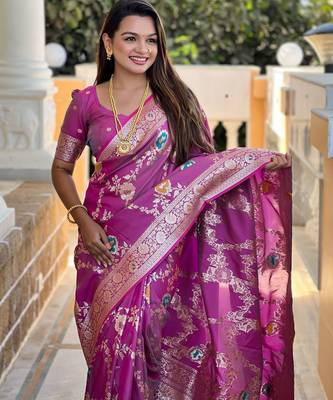 magenta woven design zari silk blend banarasi saree 5