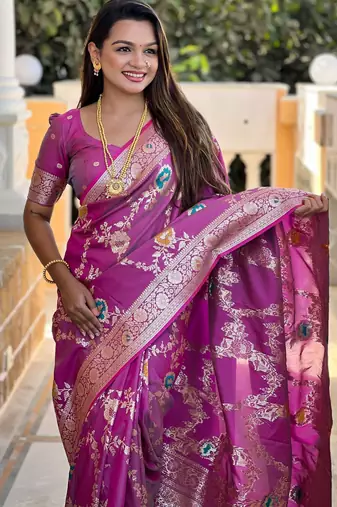 magenta woven design zari silk blend banarasi saree