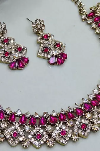 Pink color yellow gold plating festive wear designer necklace set