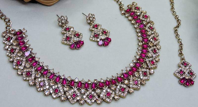 Pink color yellow gold plating festive wear designer necklace set