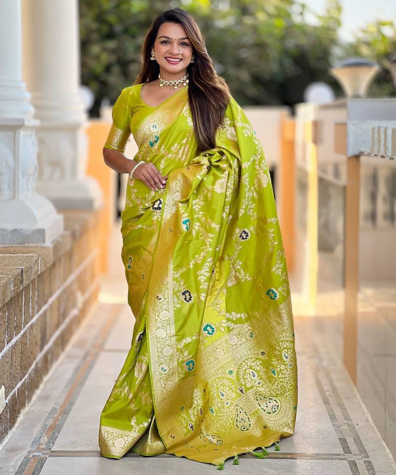 light_lime ethnic motifs woven design zari banarasi saree