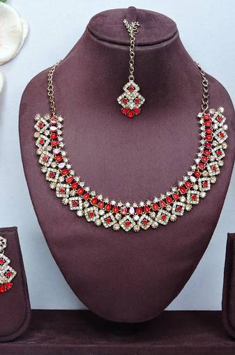 Red color yellow gold plating festive wear designer necklace set