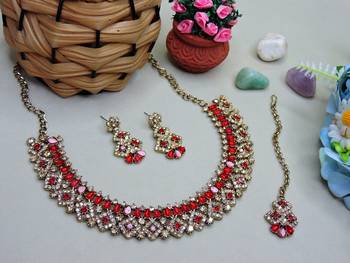 Red color yellow gold plating festive wear designer necklace set 2