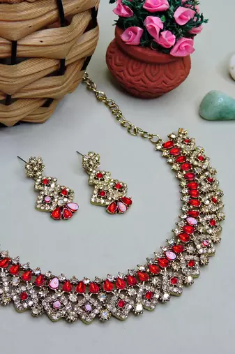Red color yellow gold plating festive wear designer necklace set