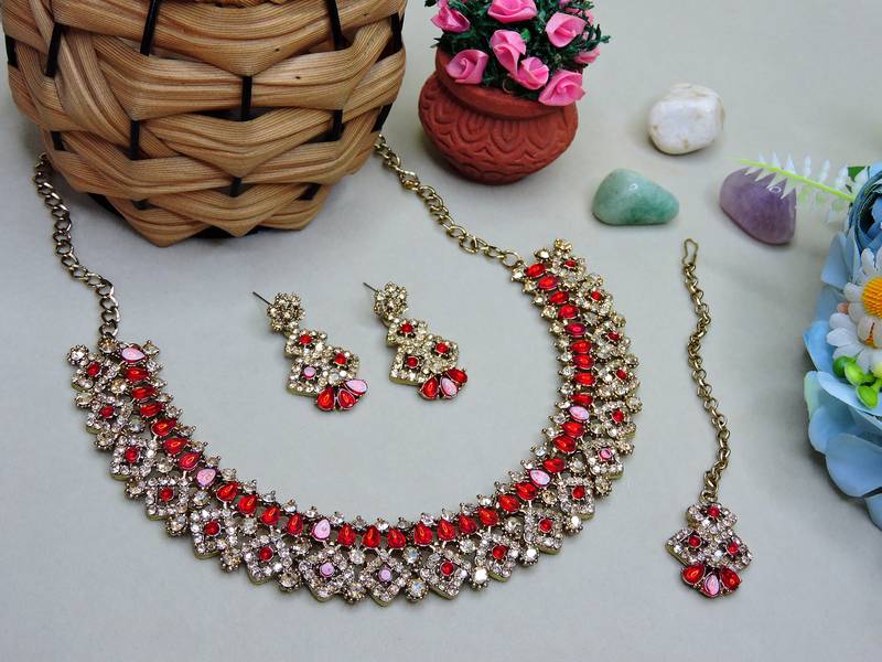 Red color yellow gold plating festive wear designer necklace set