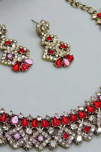 Red color yellow gold plating festive wear designer necklace set