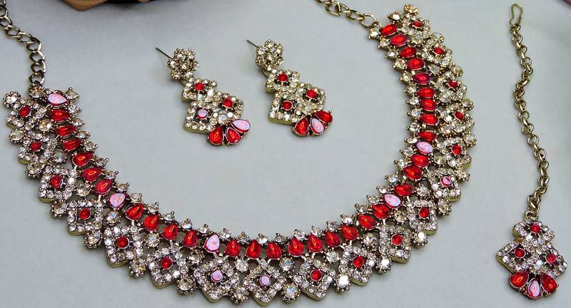 Red color yellow gold plating festive wear designer necklace set
