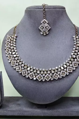 White color yellow gold plating festive wear designer necklace set