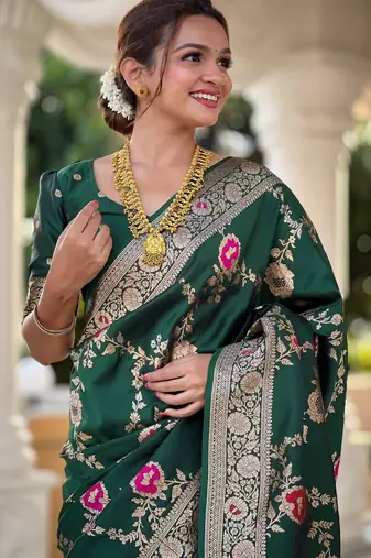 green woven design zari silk blend banarasi saree