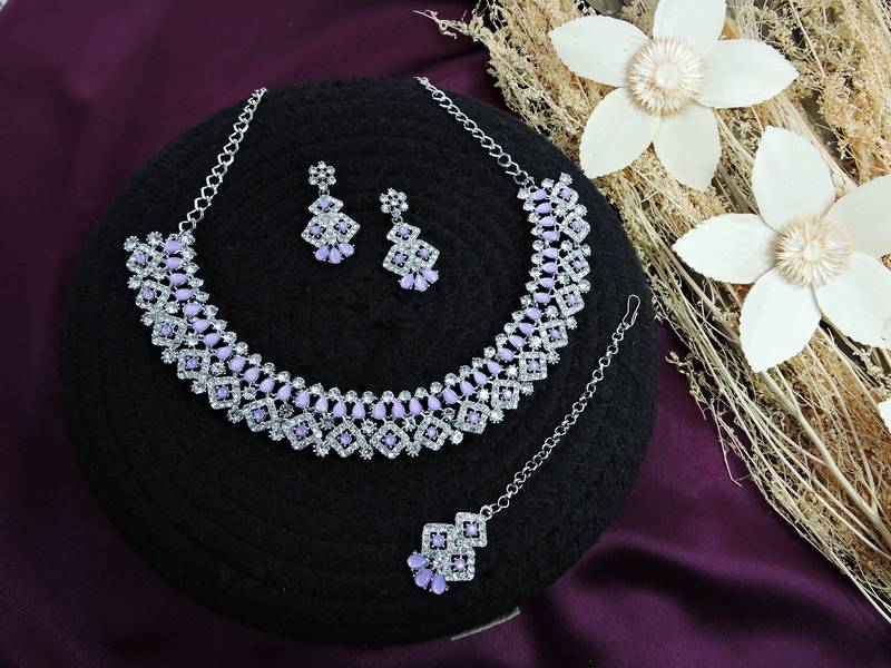 Purple color rhodium plating festive wear designer necklace set