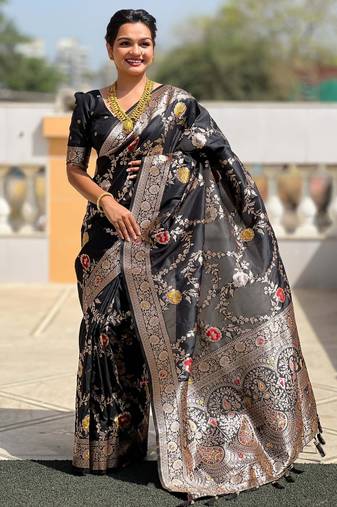 black woven design zari silk blend banarasi saree