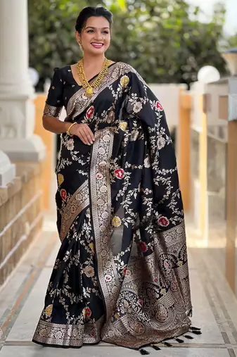 black woven design zari silk blend banarasi saree