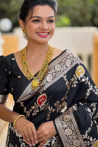 black woven design zari silk blend banarasi saree