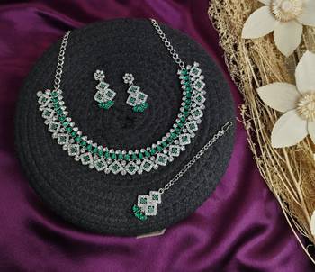 Green color rhodium plating festive wear designer necklace set 2