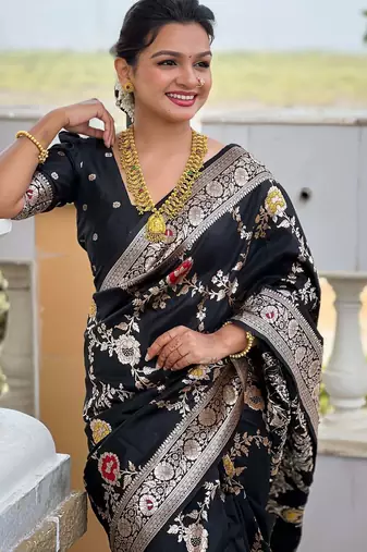 black woven design zari silk blend banarasi saree
