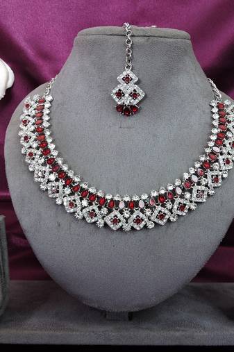 Maroon color rhodium plating festive wear designer necklace set