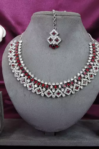 Maroon color rhodium plating festive wear designer necklace set