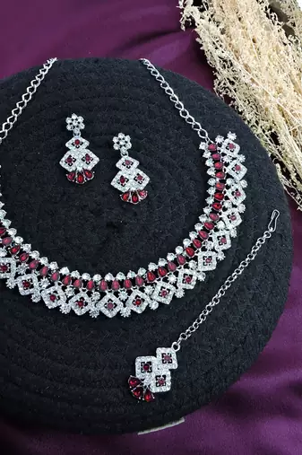 Maroon color rhodium plating festive wear designer necklace set
