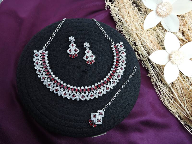 Maroon color rhodium plating festive wear designer necklace set