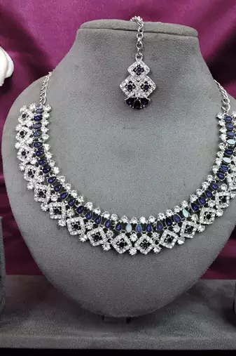 Blue color rhodium plating festive wear designer necklace set