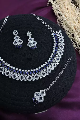 Blue color rhodium plating festive wear designer necklace set