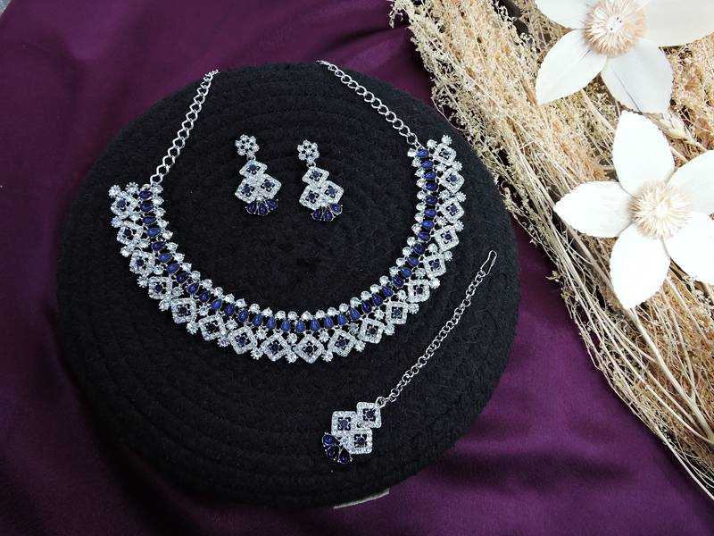 Blue color rhodium plating festive wear designer necklace set