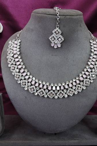 Pink color rhodium plating festive wear designer necklace set