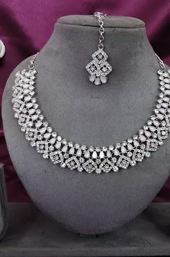Pink color rhodium plating festive wear designer necklace set