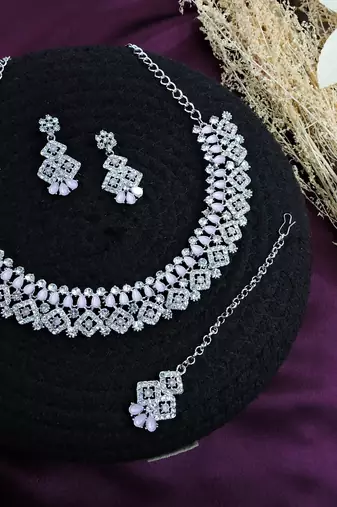 Pink color rhodium plating festive wear designer necklace set